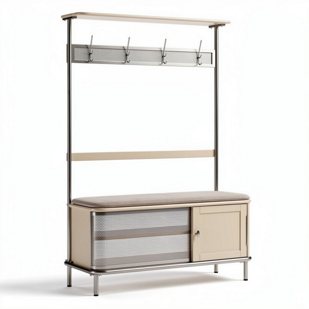 Shoe storage bench with hooks metal frame and mesh details in beige 120 x 50 x 180cm