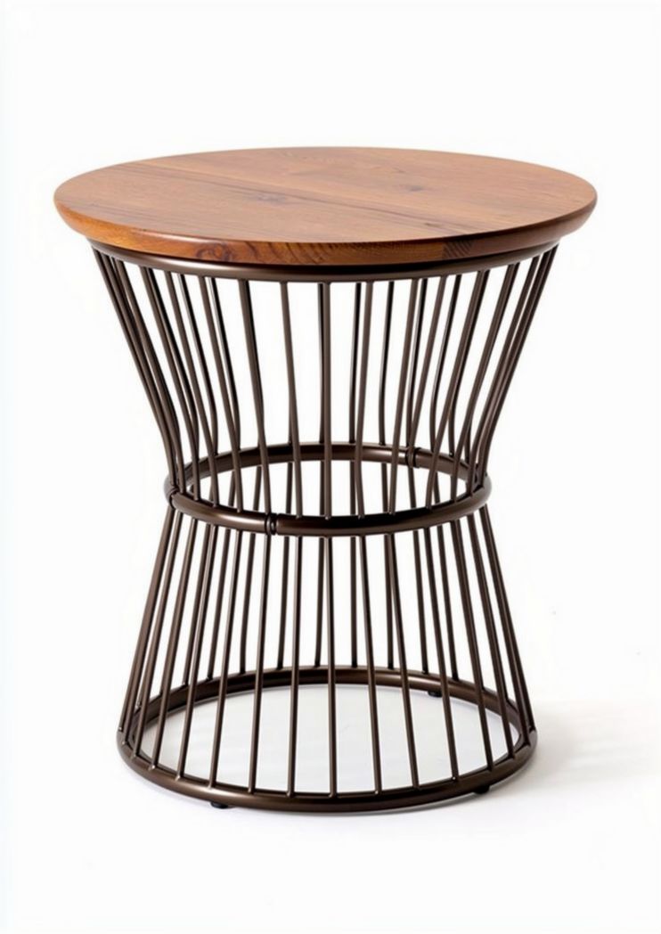 Wooden top side table with metal wire base in brown color 50 x 50 x 45cm