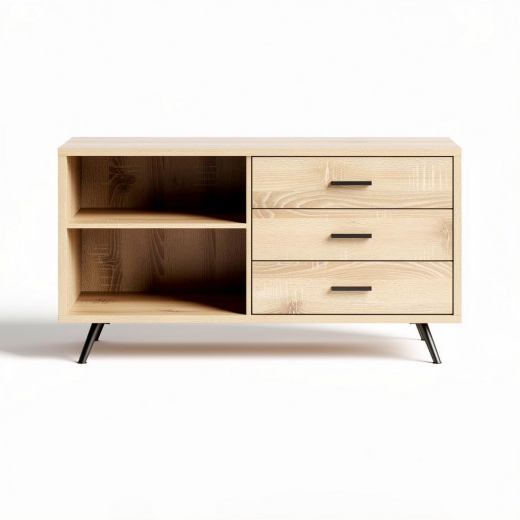 Wooden storage cabinet with three drawers and open shelves 80 x 40 x 60cm