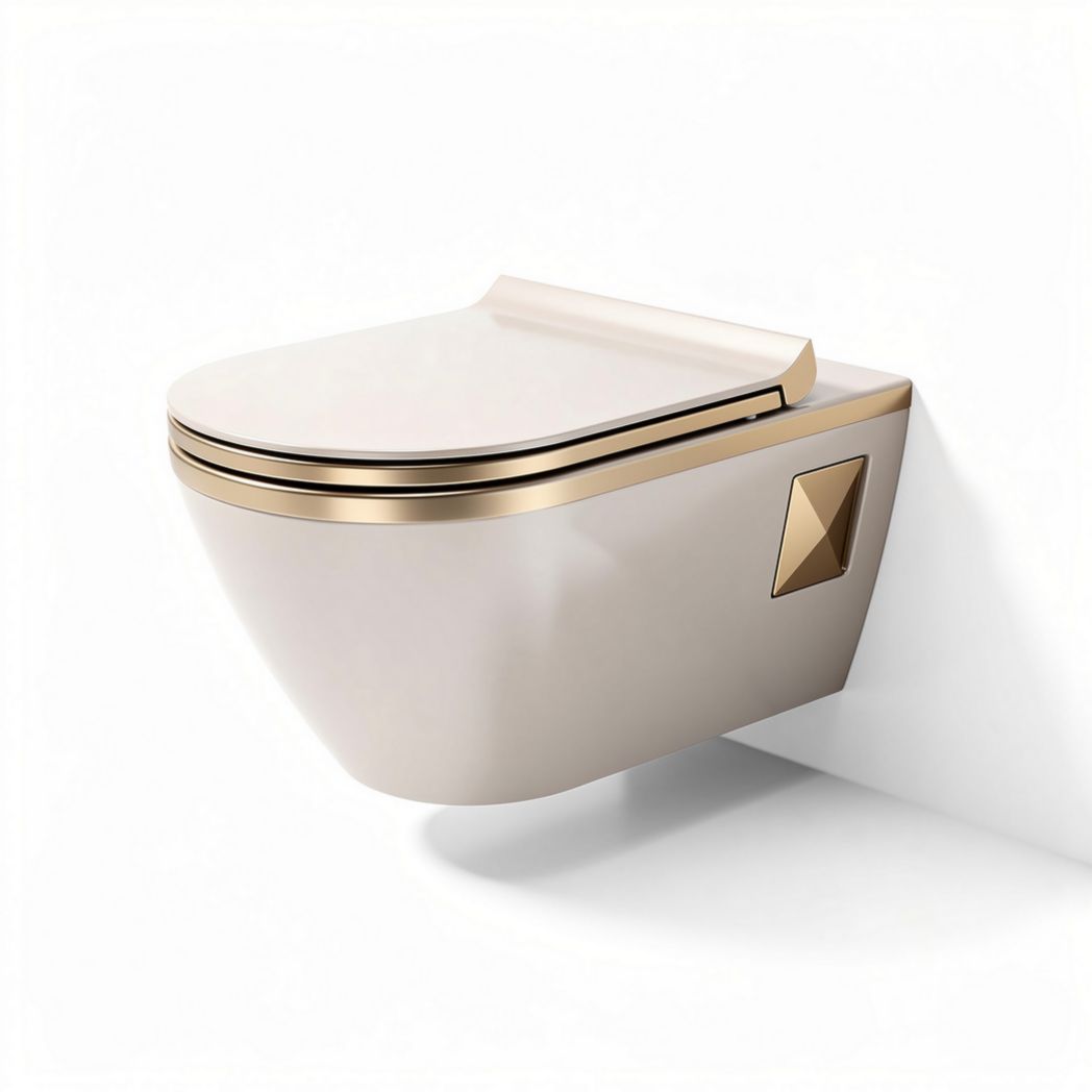 Wall-mounted toilet with gold trim and streamlined design 75 x 50 x 40cm