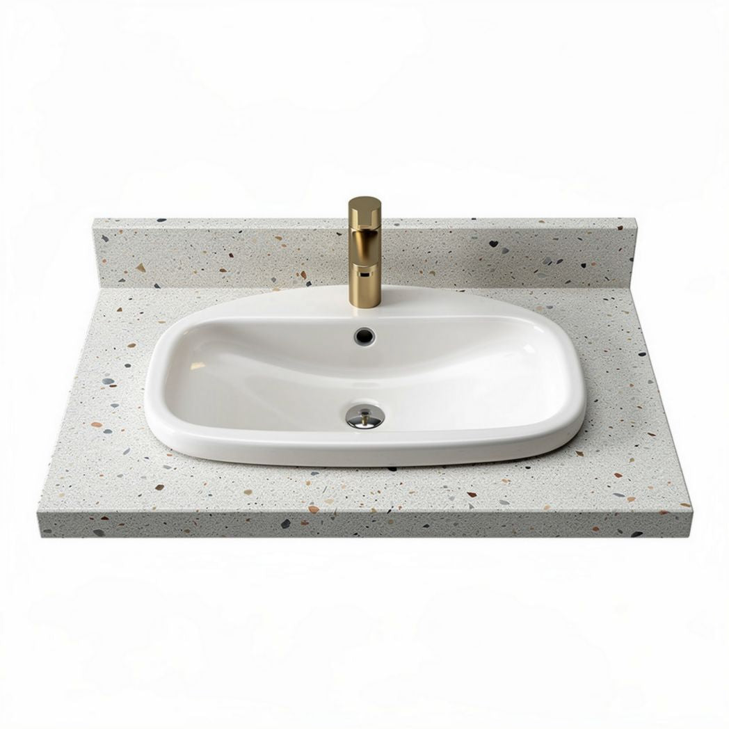 Ceramic vessel sink with terrazzo countertop and gold faucet 40 x 20 x 10cm
