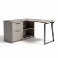 Corner desk with storage shelves and drawers in light gray finish 150 x 120 x 75cm