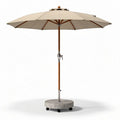Wooden pole patio umbrella with beige canopy and weighted base 250 x 250 x 250cm