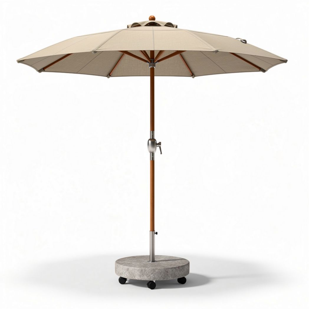 Wooden pole patio umbrella with beige canopy and weighted base 250 x 250 x 250cm